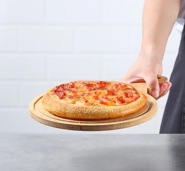 Bamboo round handle pizza food holder and cutting board