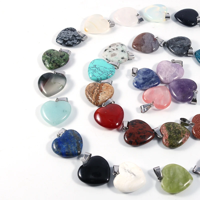 20mm Mixed Healing Chakra Crystal Charms Heart Shaped Stone Pendant for Jewelry Making DIY Gemstone Pendants