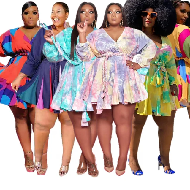 Fall Fashion Lady Casual Dresses V Neck Tie Dye Long Ruffle Puff Sleeve Women Dress with Belt Summer