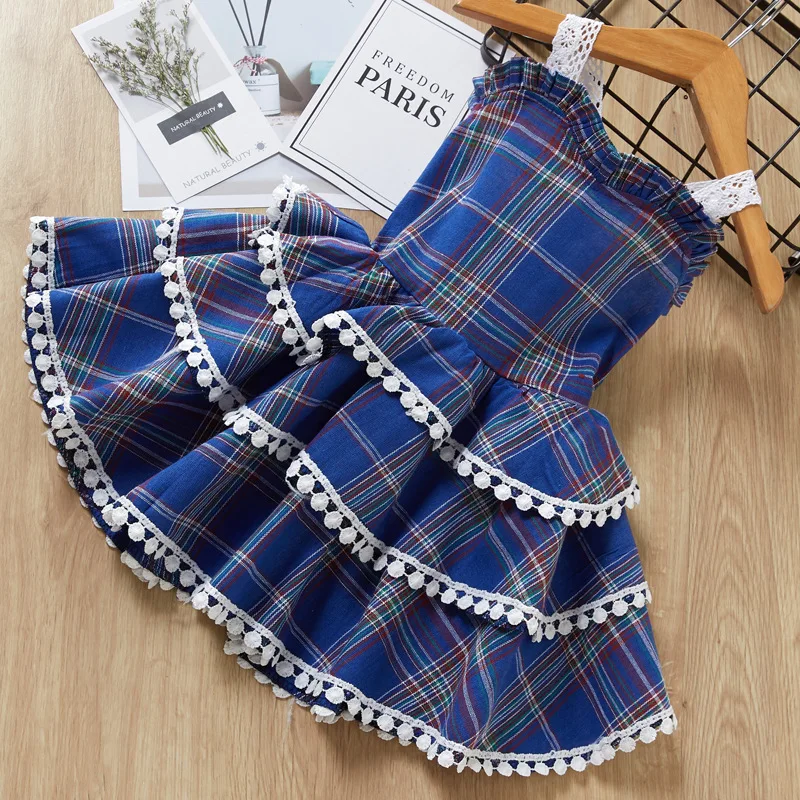 2019 hot sale children clothing European and American girls lace strap baby plaid fluffy cake dress