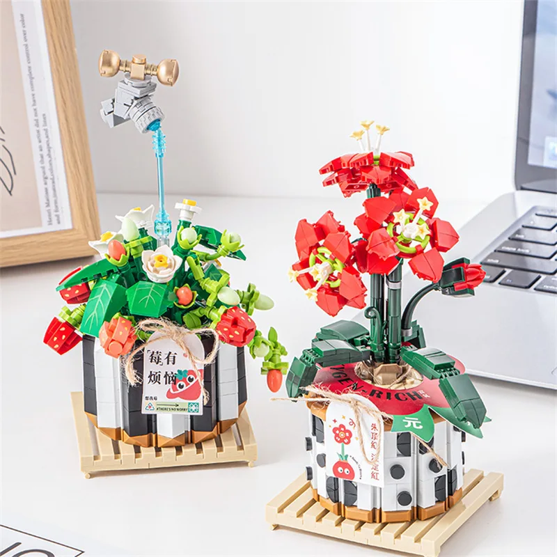 Flower Building Bricks DIY Strawberry Plants Rose Toy for Children Juguetes Girl Gift Birthday Kids Present New Year LOZ