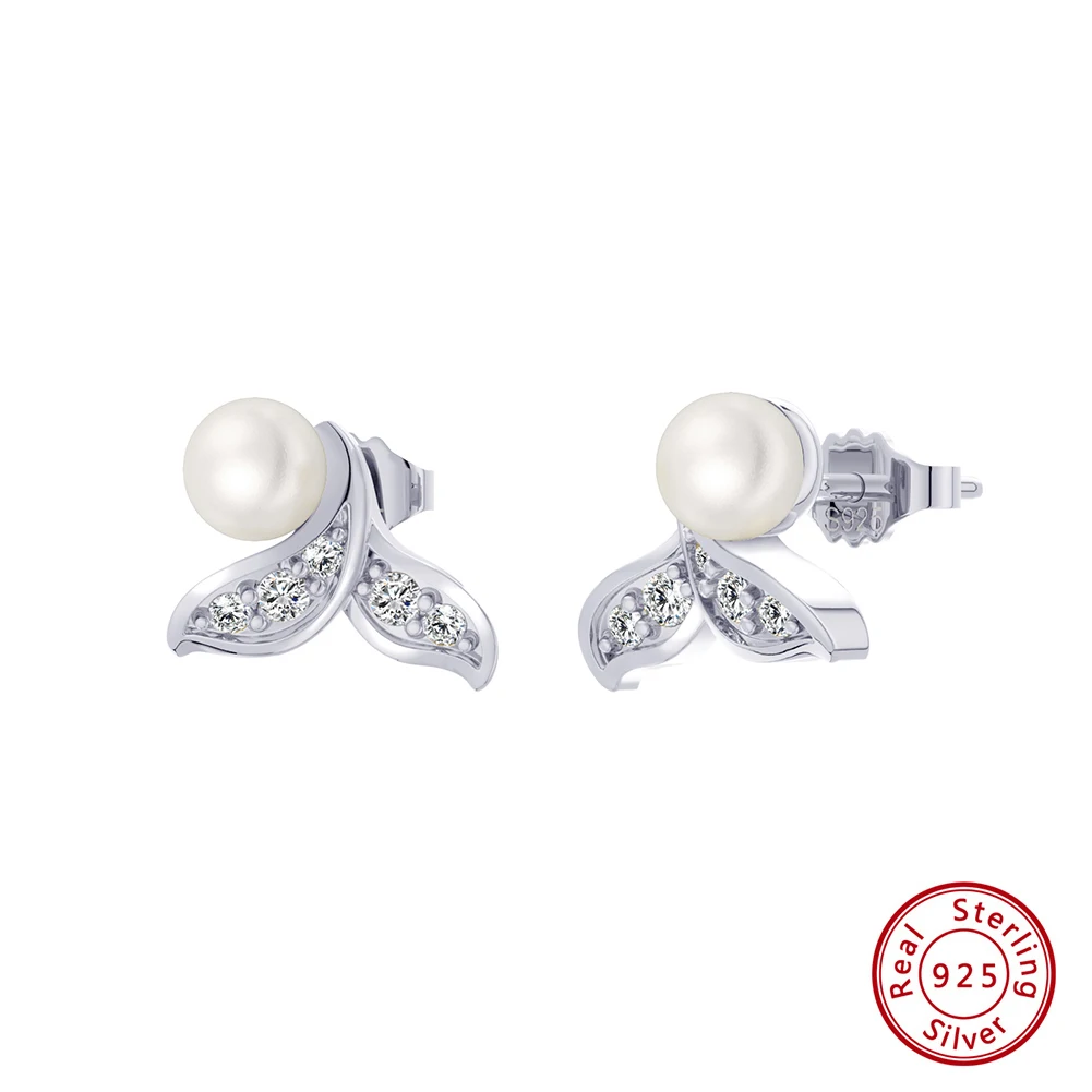 fashion 925 sterling silver stud earring jewelry 18K gold plated Net Red Fish Tail Pearl sterling silver stud earrings for women