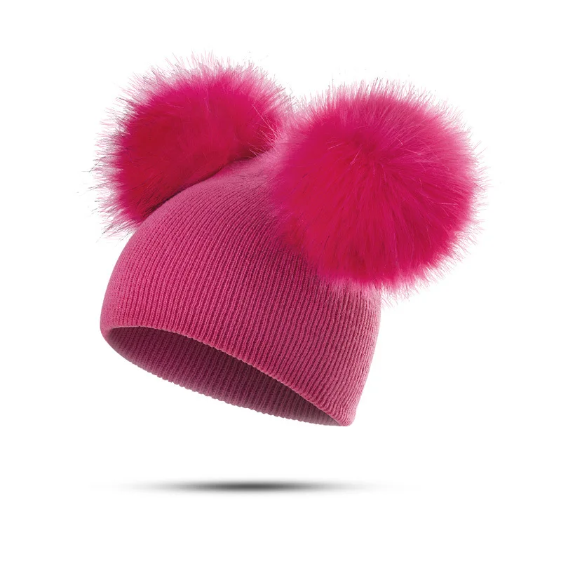  solid color plain detachable double ball newborn winter hats with pom baby beanie
