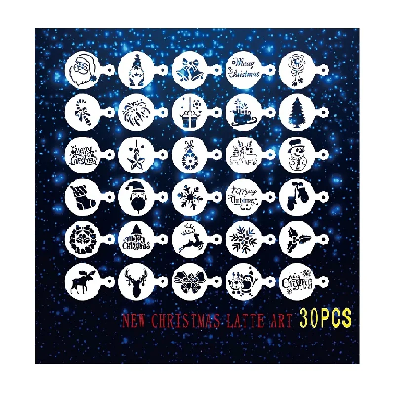 Best seller 30pcs Plastic Custom Merry Christmas Cookie Stencil Set Hollow Stenci laser-cut Cake coffee Stencils Cake Tools