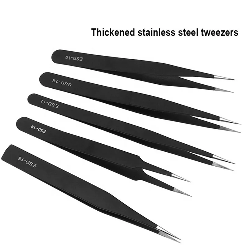 Upgraded Anti-static ESD Stainless Steel Tweezers Maintenance Tools Industrial Precision Curved Straight Tweezers Repair Tools