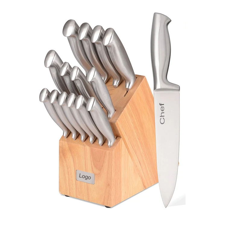 Premium quality Metal handle 15 Piece Large Knife set Kitchen with wooden block and steak knifes