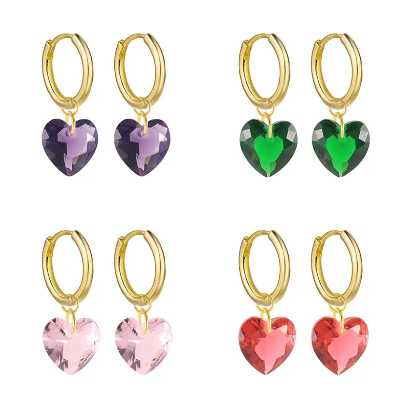 Brass Earrings Fashion Creative Heart Colored Crystal Pendant Gold Silver Earrings for Women Hainon 2137