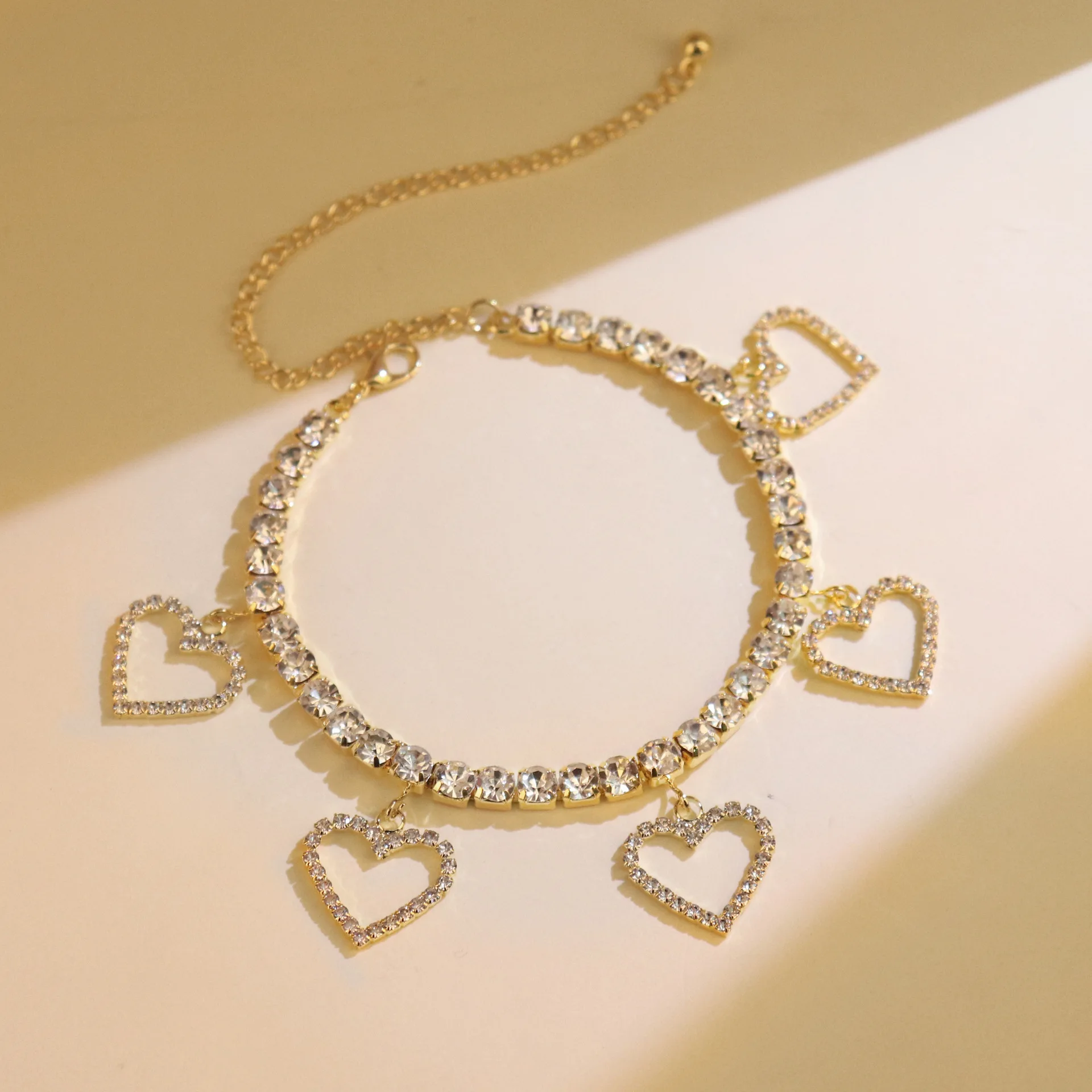 In Stock Beach Gold Plated Customized Crystal Cuban Link Tennis Foot Chain Rhinestone Heart Charms Anklets Bracelet for Women