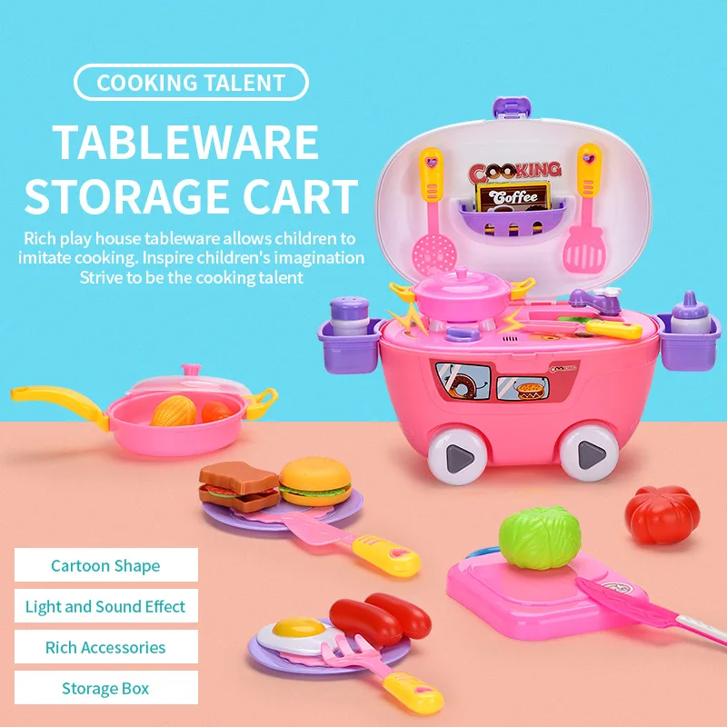 Plastic Pretend Play Kitchen Toys Set Role Play Food Cooking Tableware Kit Mini Storage Cart Toy For Kids