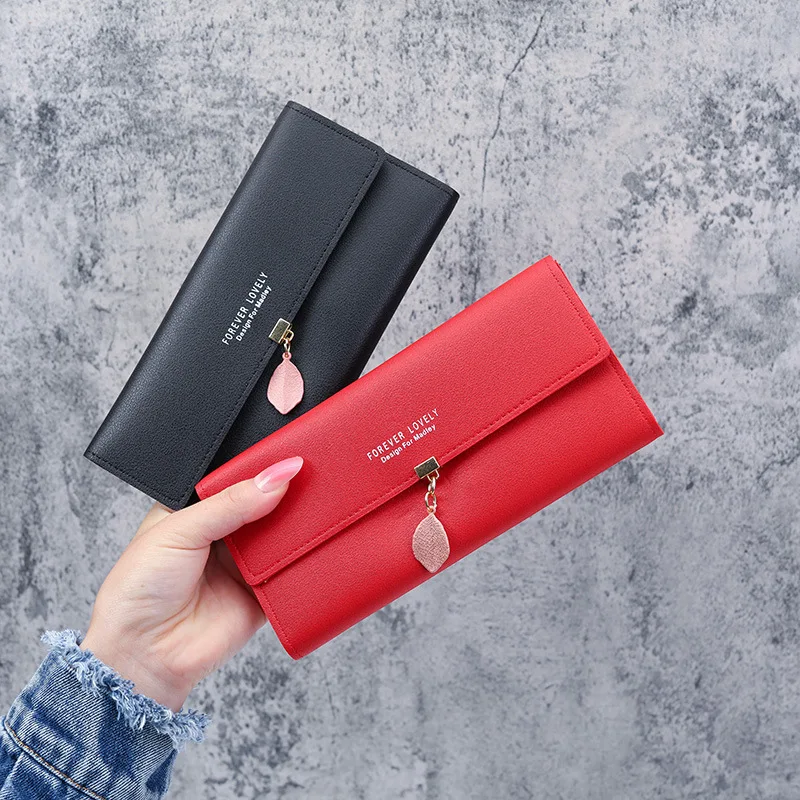 New multifunctional simple Leaf Pendant Long three fold wallet for  ladies  wallet wholesale