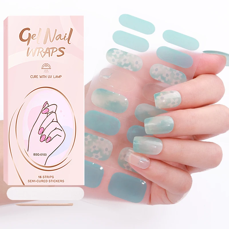 Factory customization glitter crystal jellyl semi cured wraps long lasting gel nails strips sticker