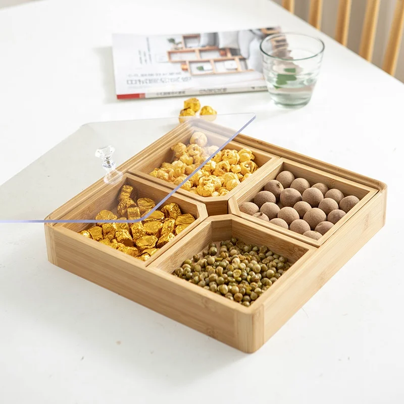 Bamboo dried fruit plate storage box Chinese-style compartment wooden nut tray living room home New Year snacks candy plate