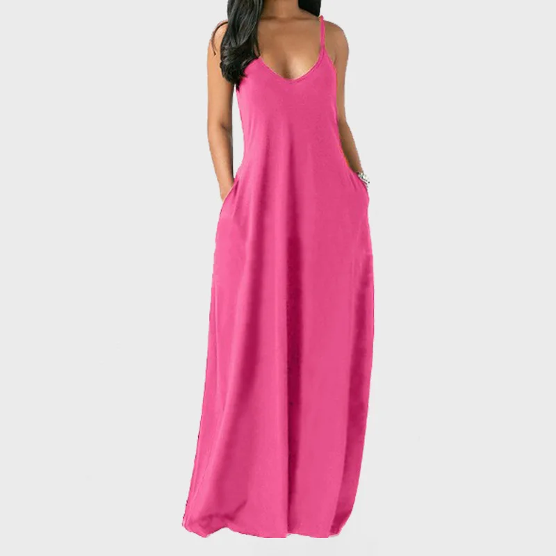 Women Pocket Long Dress Sexy V-Neck Sleeveless Loose Casual Dresses Summer Spaghetti Strap Solid Color Beach Maxi Dress S-5XL