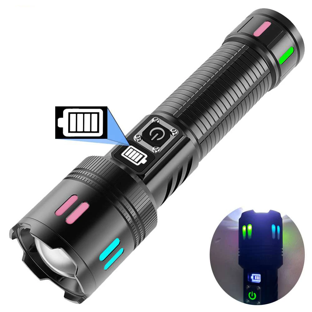 New White Laser Aluminium Alloy Flashlights Night Glowing USB Zoom Electric Digital Display Rechargeable  LED Flashlight