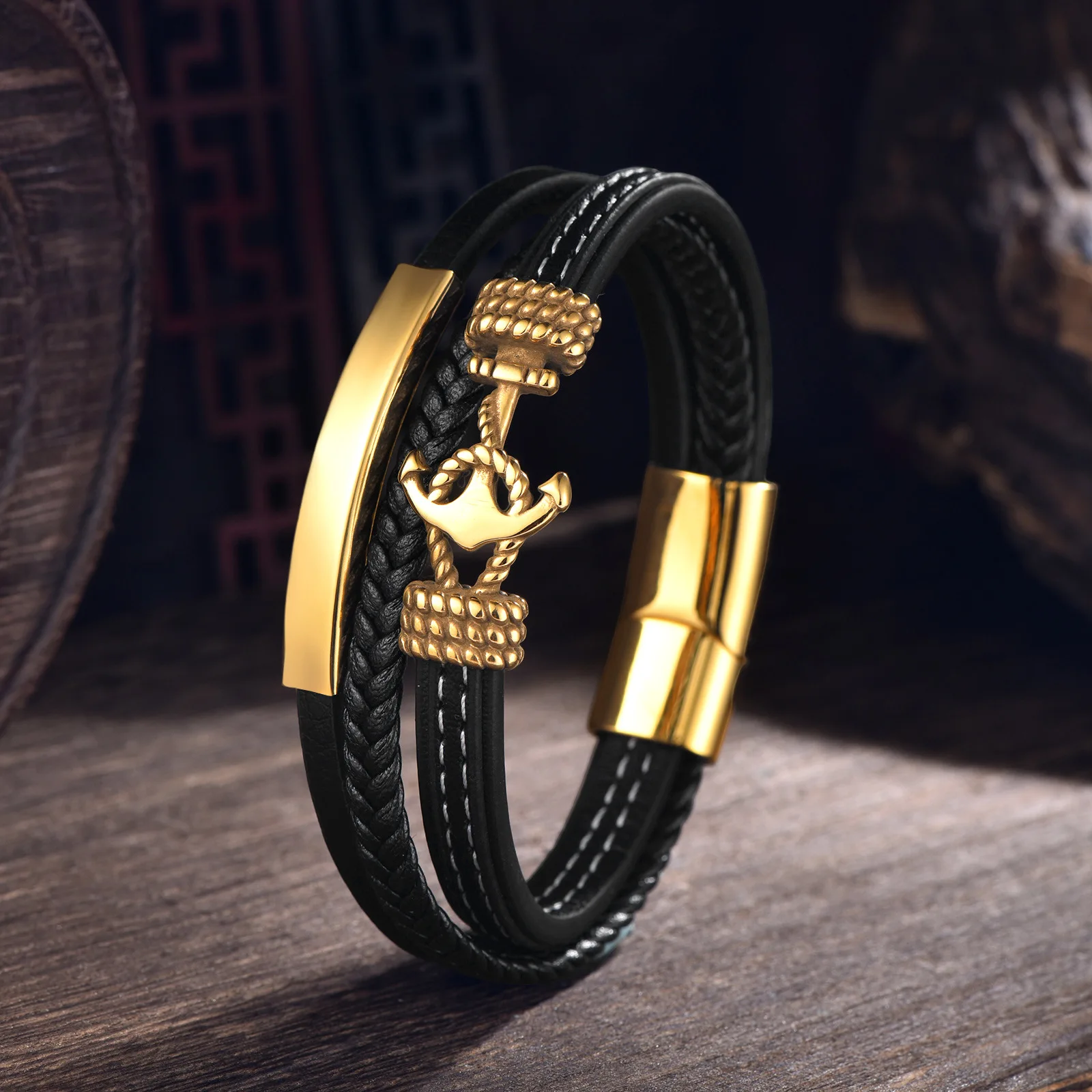 Fast Shipping Custom Steel Magnet Clasp Leather Cord Mens Bracelet Anchor Leather Bracelet Fashion Jewelry Bracelet