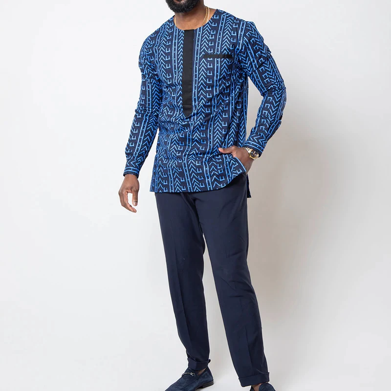 African Print Traditional Shirt Blue Navy Printed Men Top 100% Cotton Wax Shirt For New Season
