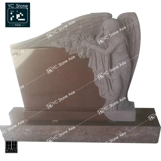 European India Red Engraving Gravetone Granite Heart  Headstone Carved Angel Monument Angels Sculptures