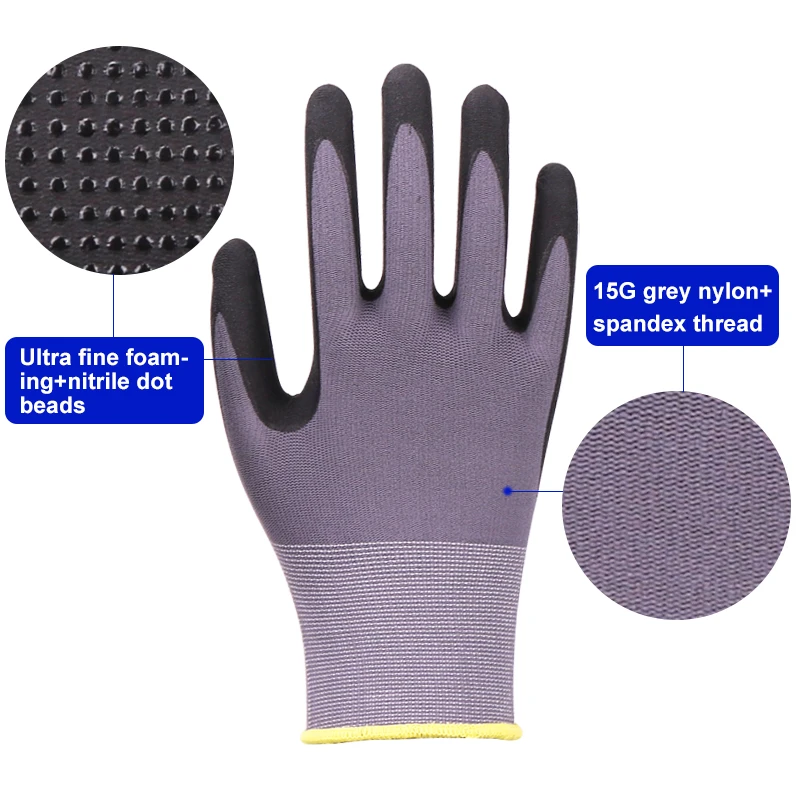 XINGYU 15G Nylon Spandex Nitrile Palm Fit Glove Thin Working Safety Gloves Coated Nylon Work Gloves Nitrile Dots