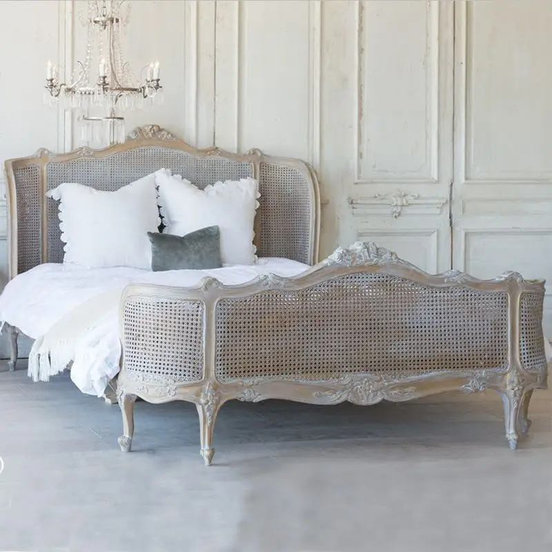 French Bedroom Classic Wood Antique King-size Carved Rattan Bed Custom Furniture Solid Wood Woven Cane Bed