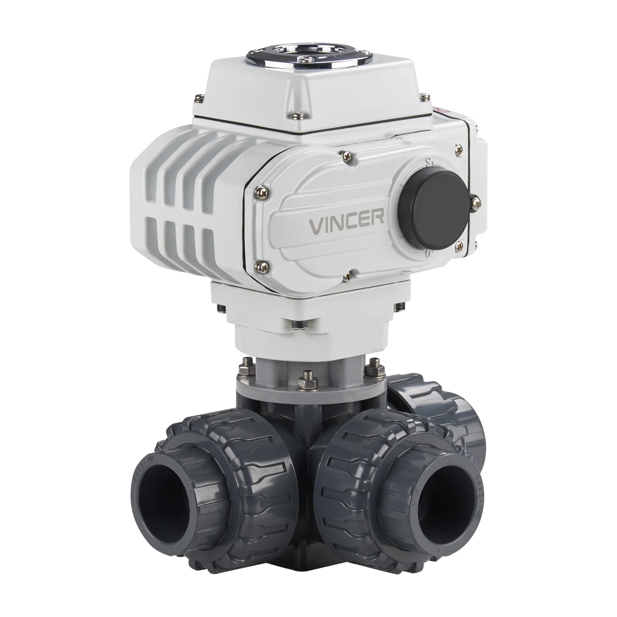VINCER  DN15-DN50 1/2 inch-2in DC12V DC24V AC110 AC220V PVC UPVC PPH PVDF 3 Way Water Electric Ball Valve WIth Electric Actuator