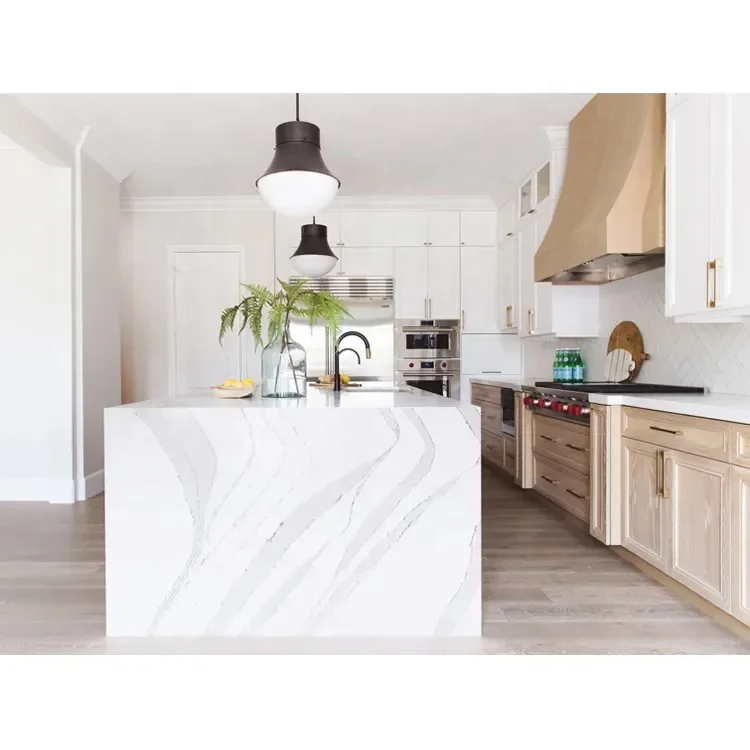 CBMmart American Style Custom Design Kitchen Furniture Shaker White Oak Solid Wood Modern Kitchen Cabinets with Quartz Island