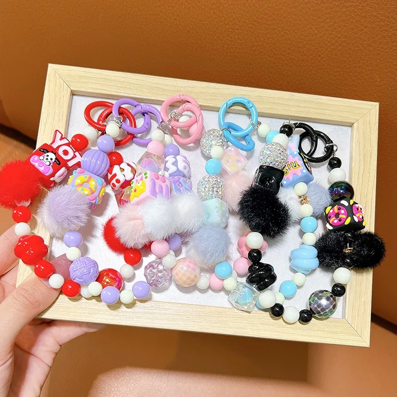 Fashion Creative Hand Drawn Doll Letters Fluff Ball Beads Phone Chain Bag Hanging Accessories Headphone Bracelet Beaded Keychain