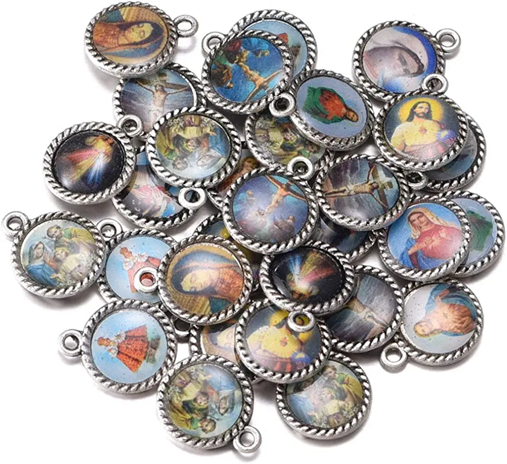 100pcs Mix Picture Round Enamel Our Lady Miraculous Medal Floral Rosary Centerpiece Jesus Virgin Mary Catholic Alloy 16mmx13mm