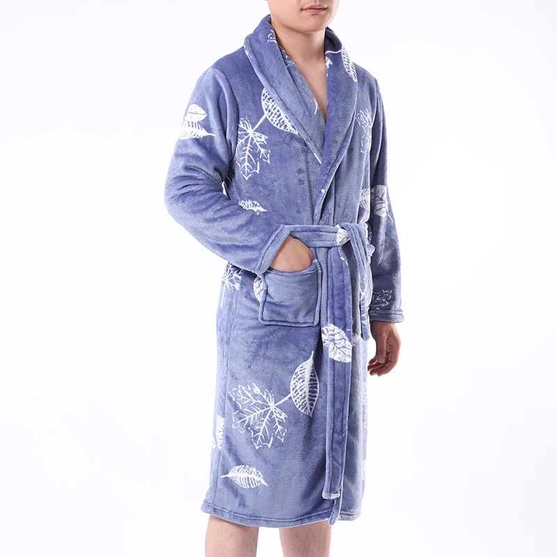 
high quality fashion white leaves printed drawstring flannel one piece sleepwear men luxury pajamas from china 
