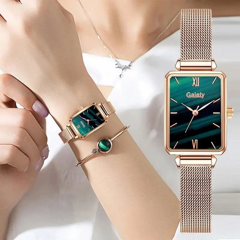 Cheap Women Watches Fashion Square Ladies Quartz Watch Bracelet Set Green Dial Simple Rose Gold Mesh Luxury Lady Jewelry Watches