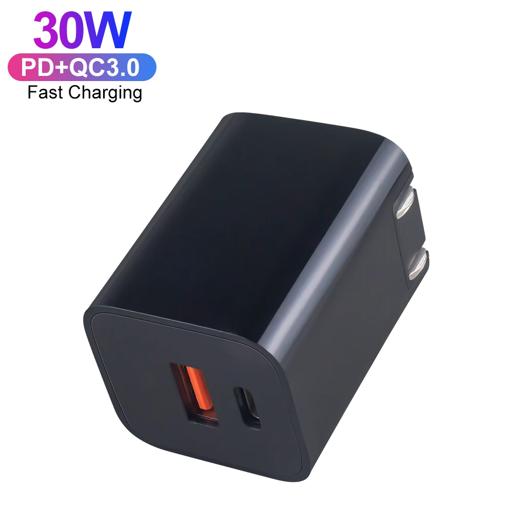 US Folding Plug ETL PPS Certification PD 30W+QC 3.0 18W Dual Port Fast Wall Charger For iPhone Samsung Xiaomi