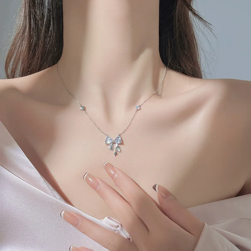S925 Sterling Silver Star Bow Zircon Jewelry Necklace INS Style Korean Internet Celebrity Niche Design Sense Clavicle Chain