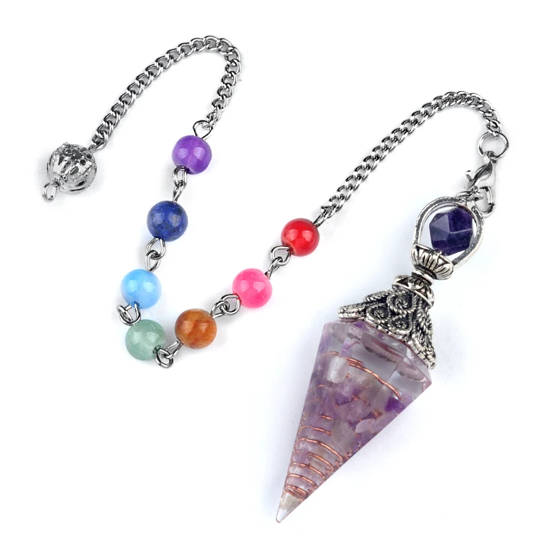 Antique Silver Colorful Spirit Pendulum Semi precious Stone Resin Orgone Pendant Hexagon Cone Pyramid Pendulum With Chain