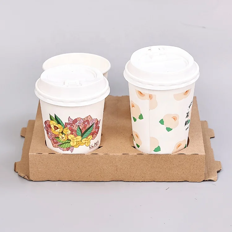 Customized  Disposable Customized Kraft Take Away Drink Eco Paper Coffee Cardboard Cup Holders Carrier Packing