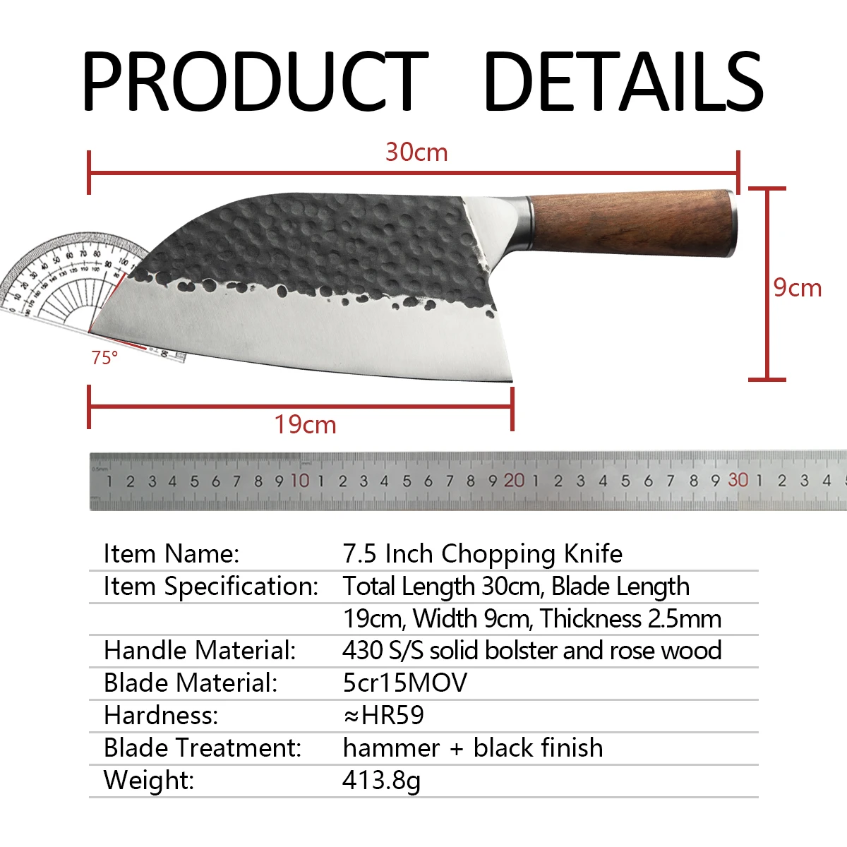 7.5 Inch Professional Forged  hammered stainless steel  Kitchen Chopping Knife with rose Wood Handle butcher knife