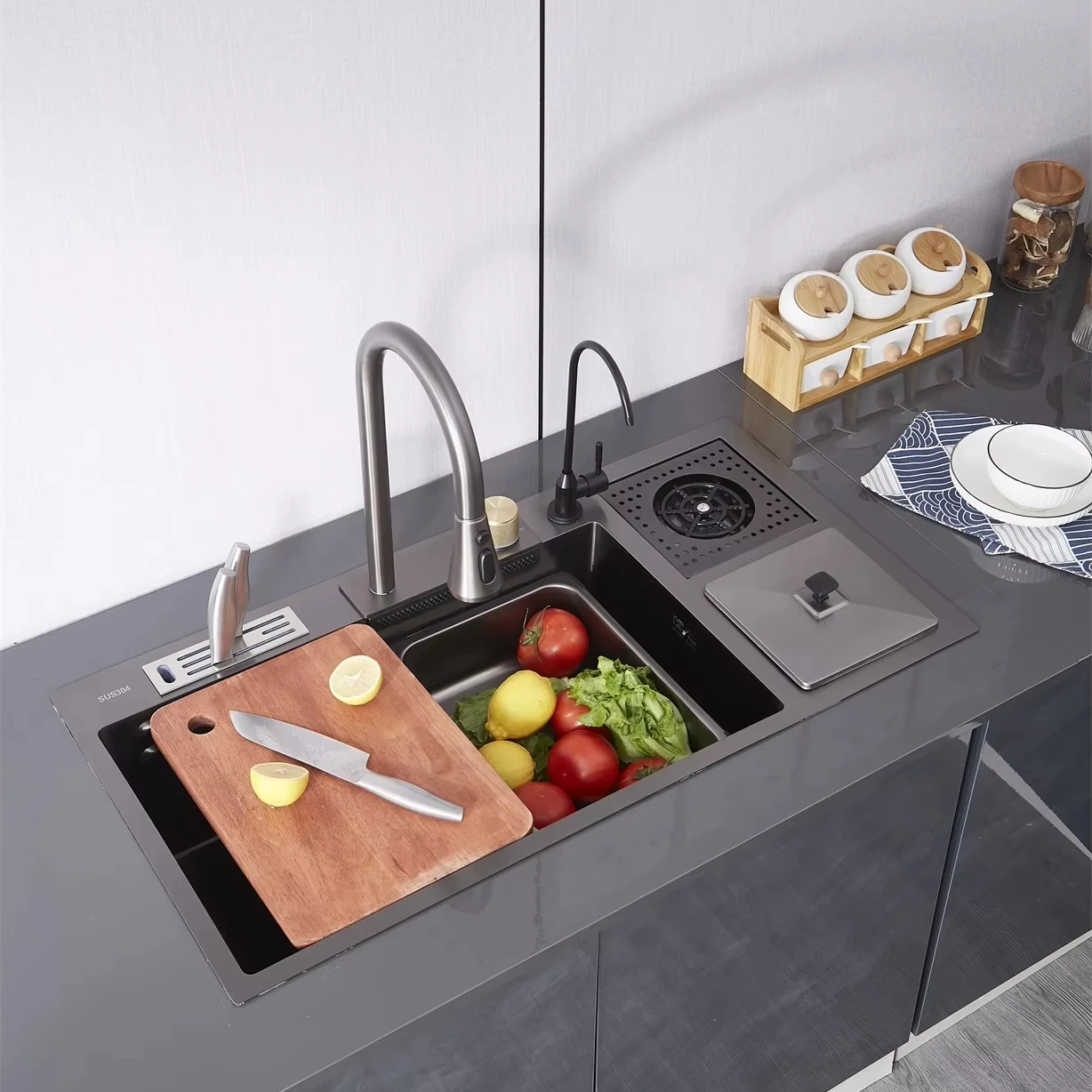 Customized Big Size 35 Inch  110/92/88*45cm Stainless Steel 304 Silver Black Waterfall Faucet Single Kitchen Sink With Trash Can