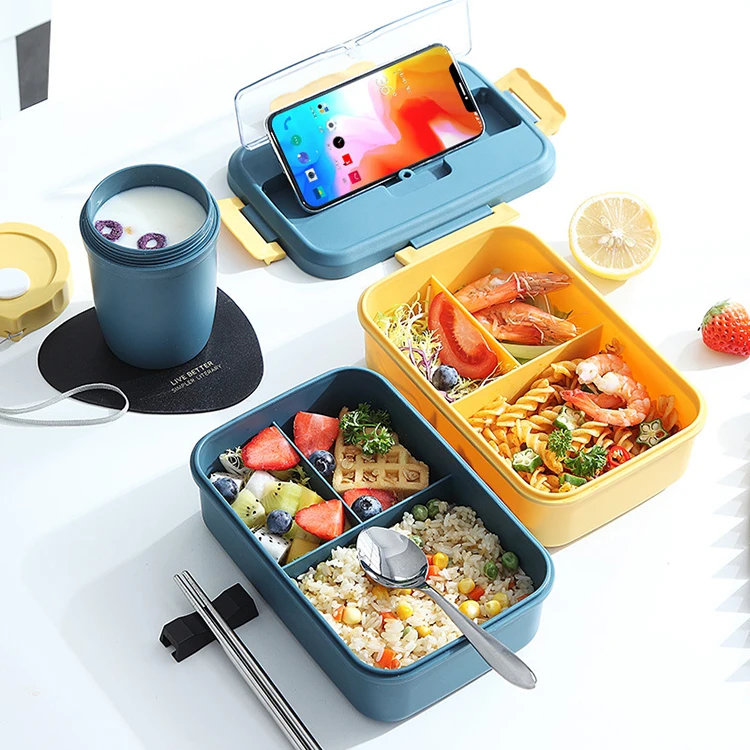 Microwave Safe Wholesale Bento Lunch Box Wheat Straw BPA Free 3 Grids Food Storage Box Lunch Box With Cutlery