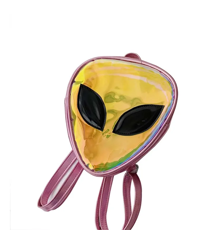 Silver Satchel Faxu PU Shoulder Bag- Alien Kawaii Holographic Backpack-Fashionable Small Bag