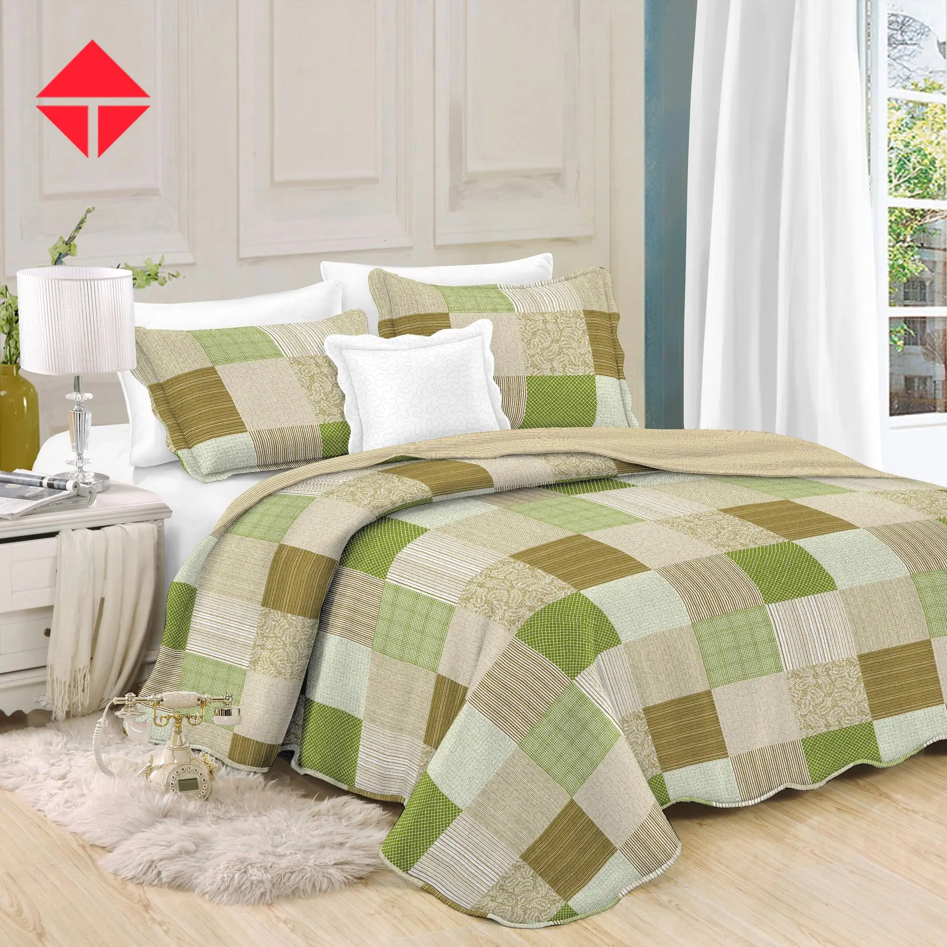 Customized styles pure colour red printed ultrasonic quilting bedspread quilt 100% polyester for home solid color