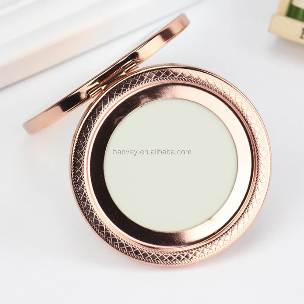Wholesale promotion gift custom pattern round pocket fold cosmetic rose gold stainless steel metal makeup mirror