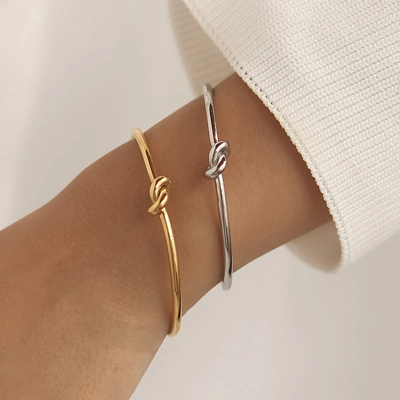 Minimalist 18K Gold Plated Stainless Steel Cuff Bangle Bracelet Handmade Love Knot Bangles Jewelry Women Tarnish Free