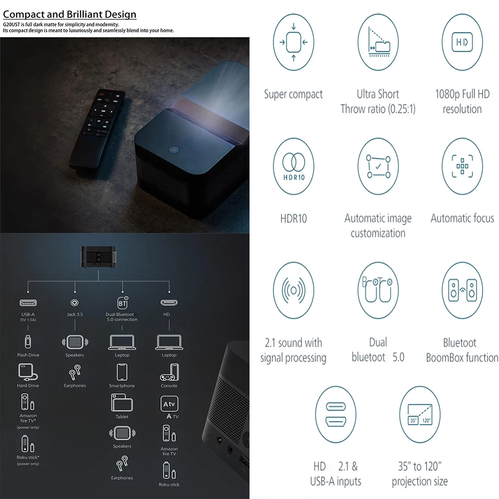 G20UST Ultra short focus 1080P 500 Ansi Lumens Auto focus Auto keystone home theater smart DLP Android projector for home use