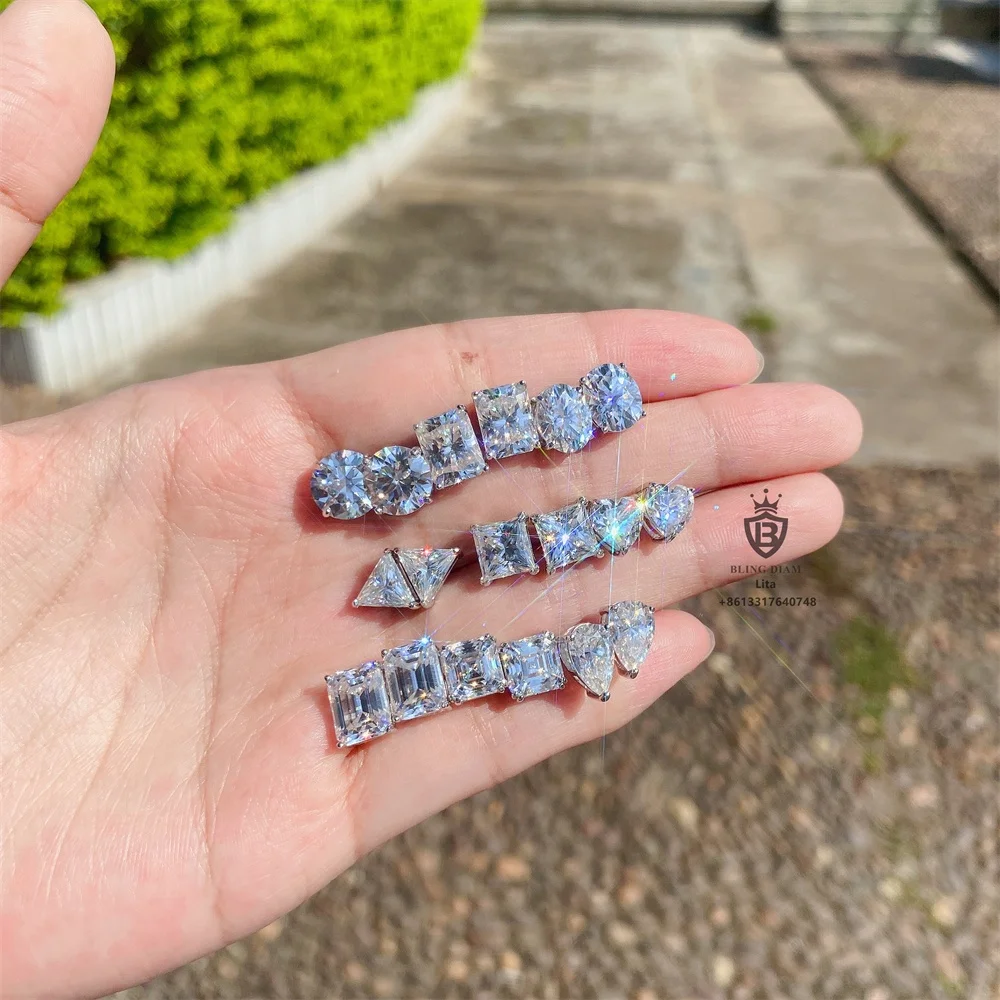 Fashion jewelry pass diamond tester radiant cut emerald cut 925 sterling silver moissanite stud earring