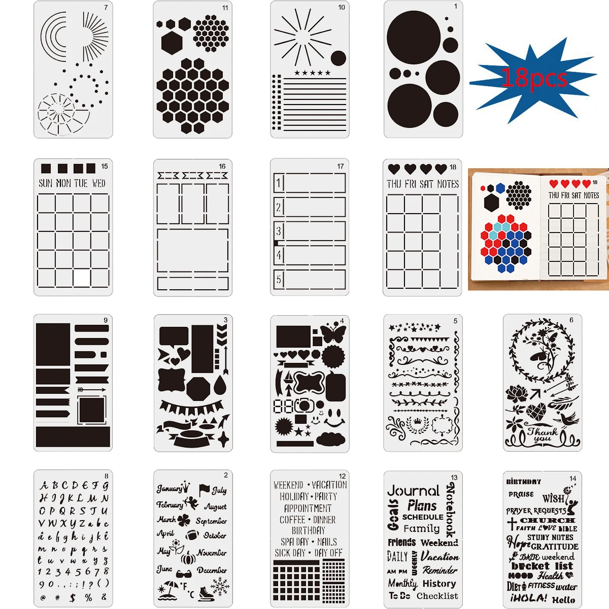 18Pcs Productivity Stencil for Bullet Journals Scrapbook Letter/Number/Daily/Weekly/Monthly/Calendars DIY Pattern stencils