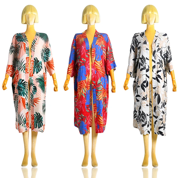 Женская пляжная одежда, накидка на купальник, кимоно с полурукавами, длинное кимоно с принтом