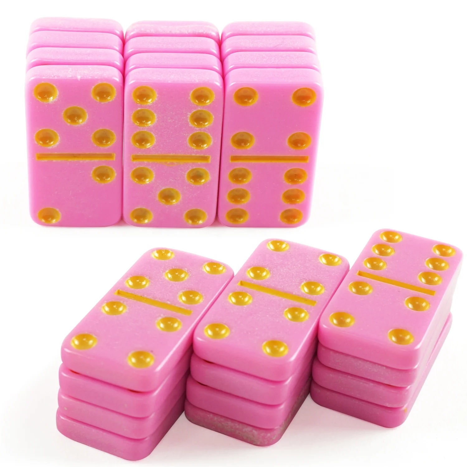 Professional custom pink double 6 domino set yellow dot 28pcs with colour paper box 4006 dominoes set for table game