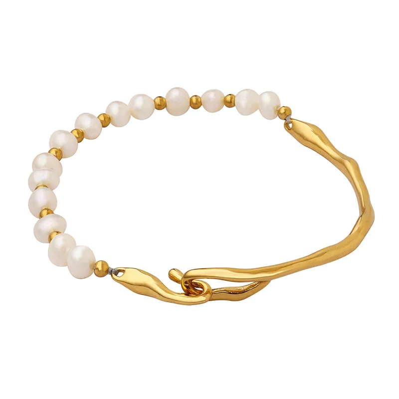 Wholesale New Designs Women Fashion Jewelry 18K Gold Plated Stainless Steel Beaded Freshwater Pearl Bangle Bracelet for Women