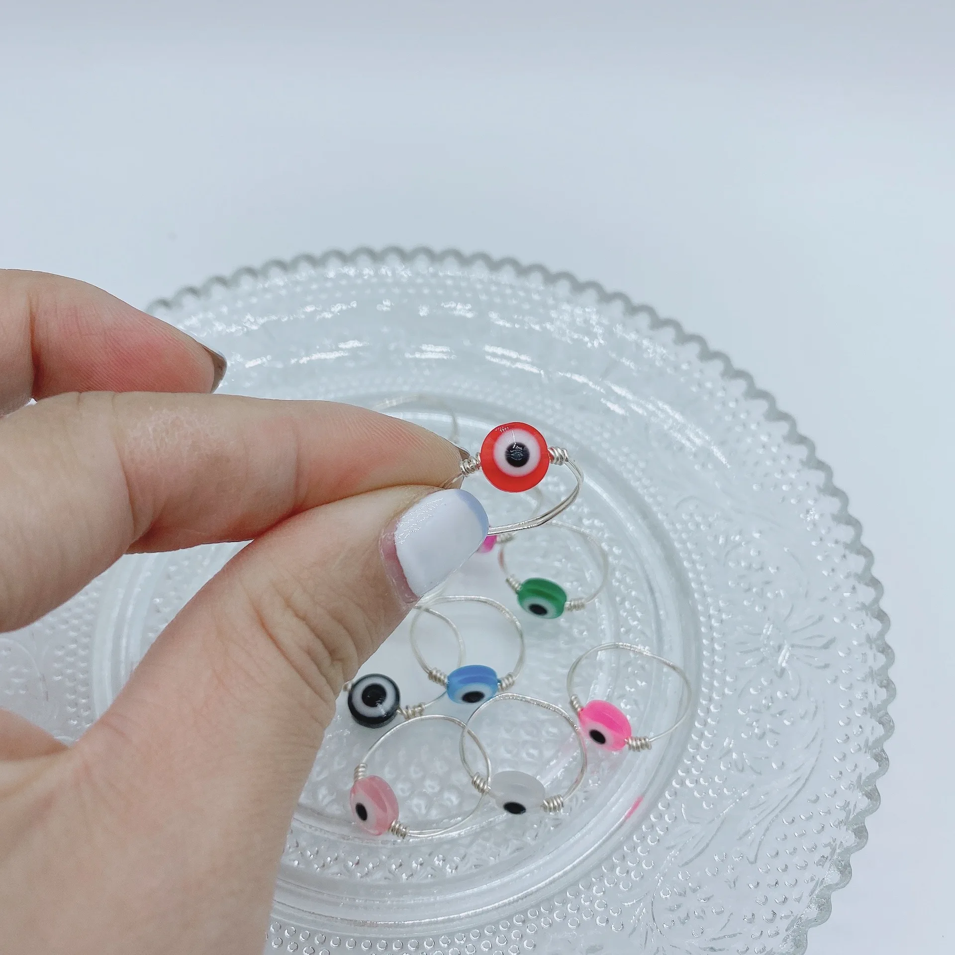 Vintage Coloful Blue Woven Handmade Silver Copper Wire Wrapped Turkish Acrylic Ring