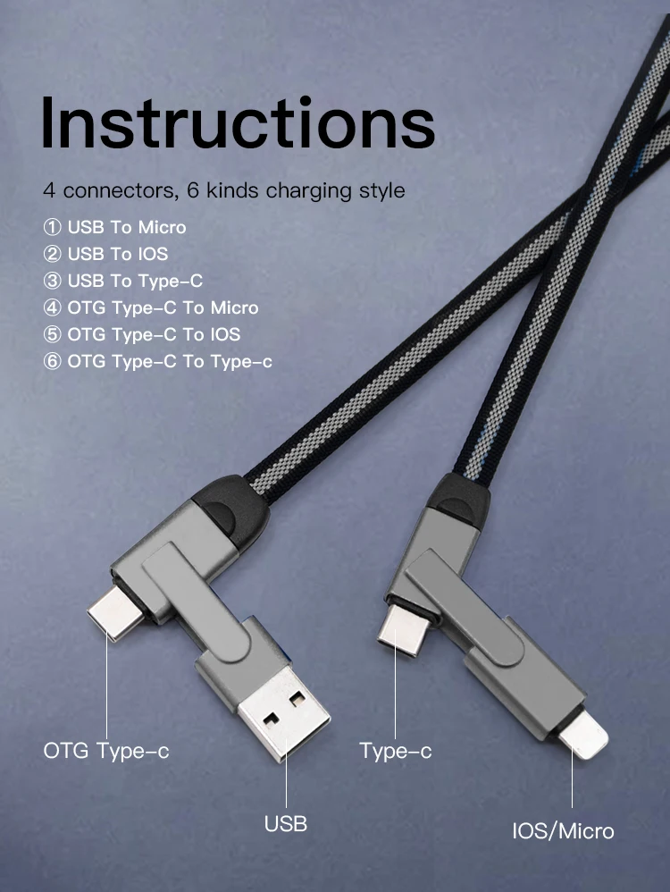 PD 60W Fast Charging Braided 3 4 in 1 USB Cable Universal Cabo Micro Kabel 10 in 1 USB C To USB C To Type C Multi Charger Cable