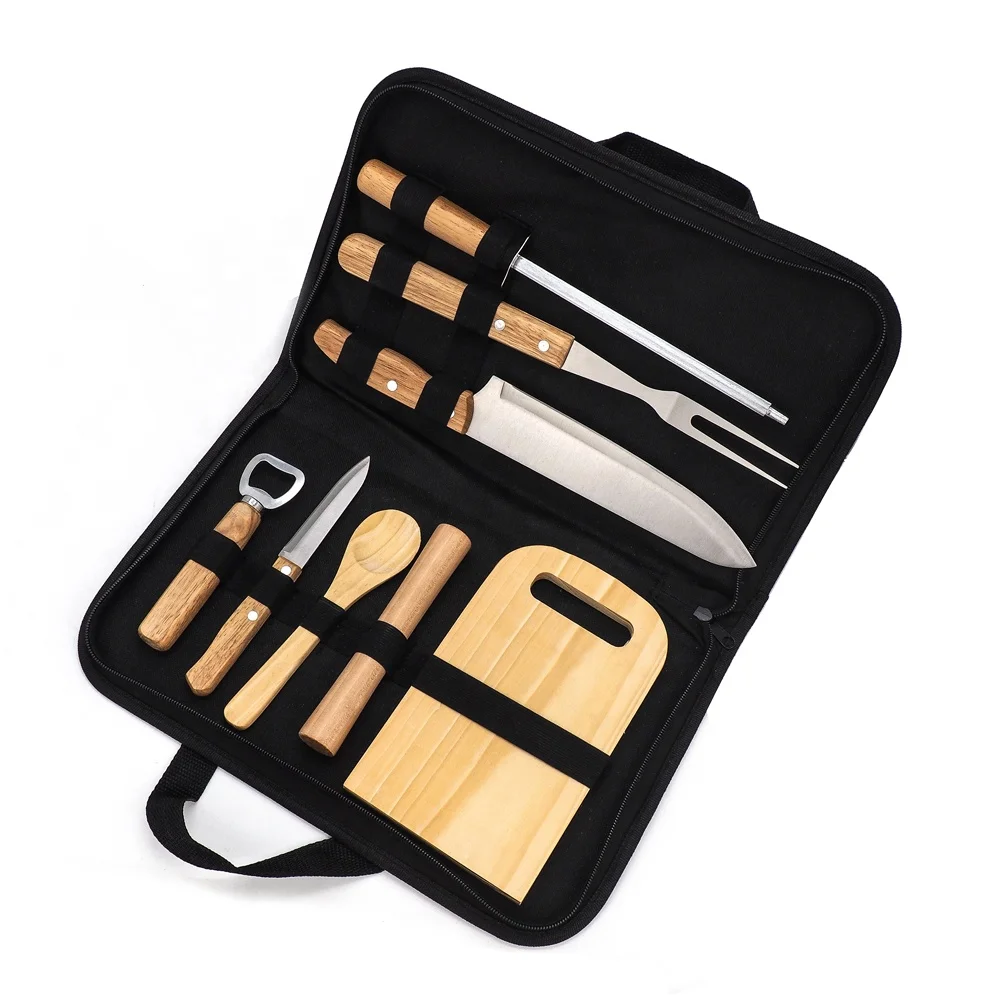 Easy Clean 9PCS High Quality Wooden Handle BBQ Tool  Outdoor With BBQ  Cutting Board Accessories For Environment Wood  Knife