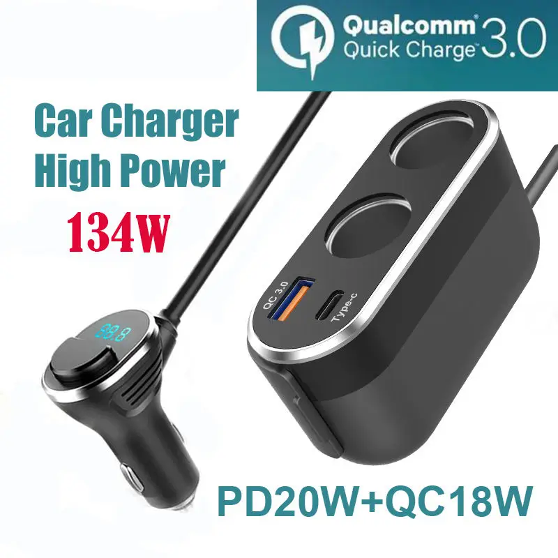 12V/24V 2-Socket 80W DC Power Car Cigarette Lighter Socket Panel Splitter with QC 3.0 Fast Charge